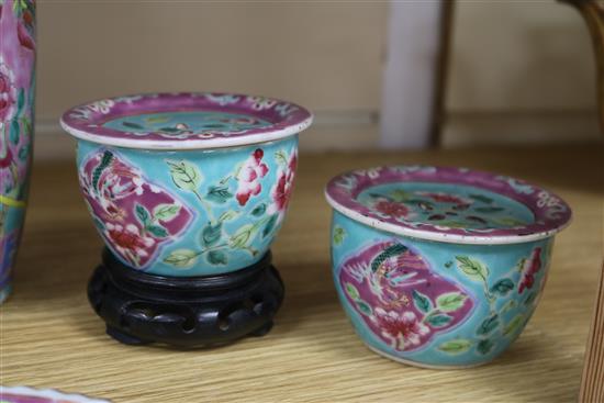 A pair of Chinese Straits turquoise ground jars and covers, a vase and a plate